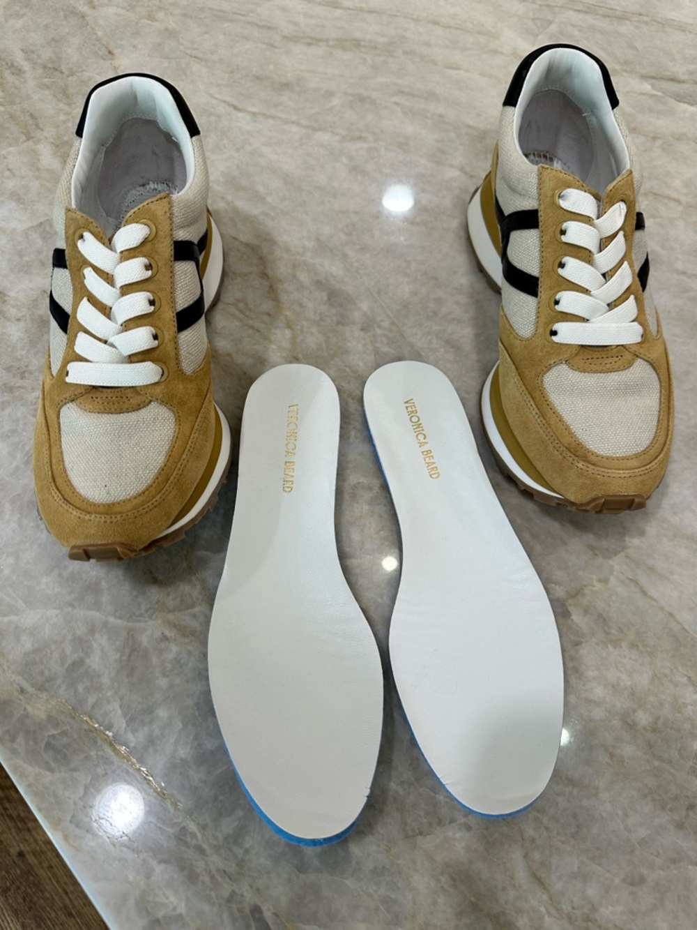 Veronica Beard Tan Suede & Beige Canvas Sneakers with Black Accents - Picture 5 of 7